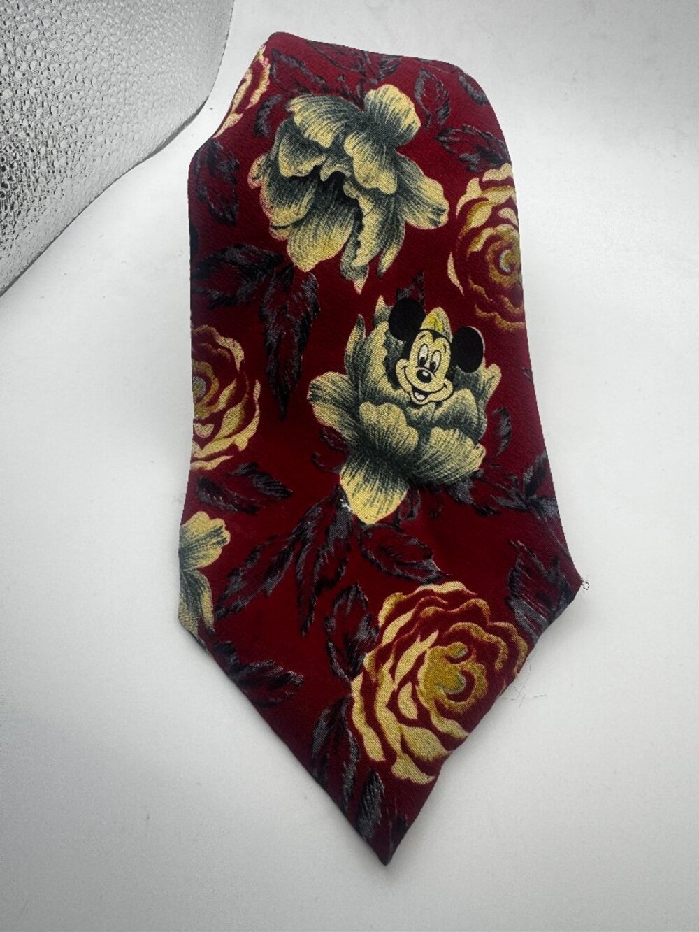 Vintage 90s Walt Disney Company Hidden Mickey Red Floral Silk Tie